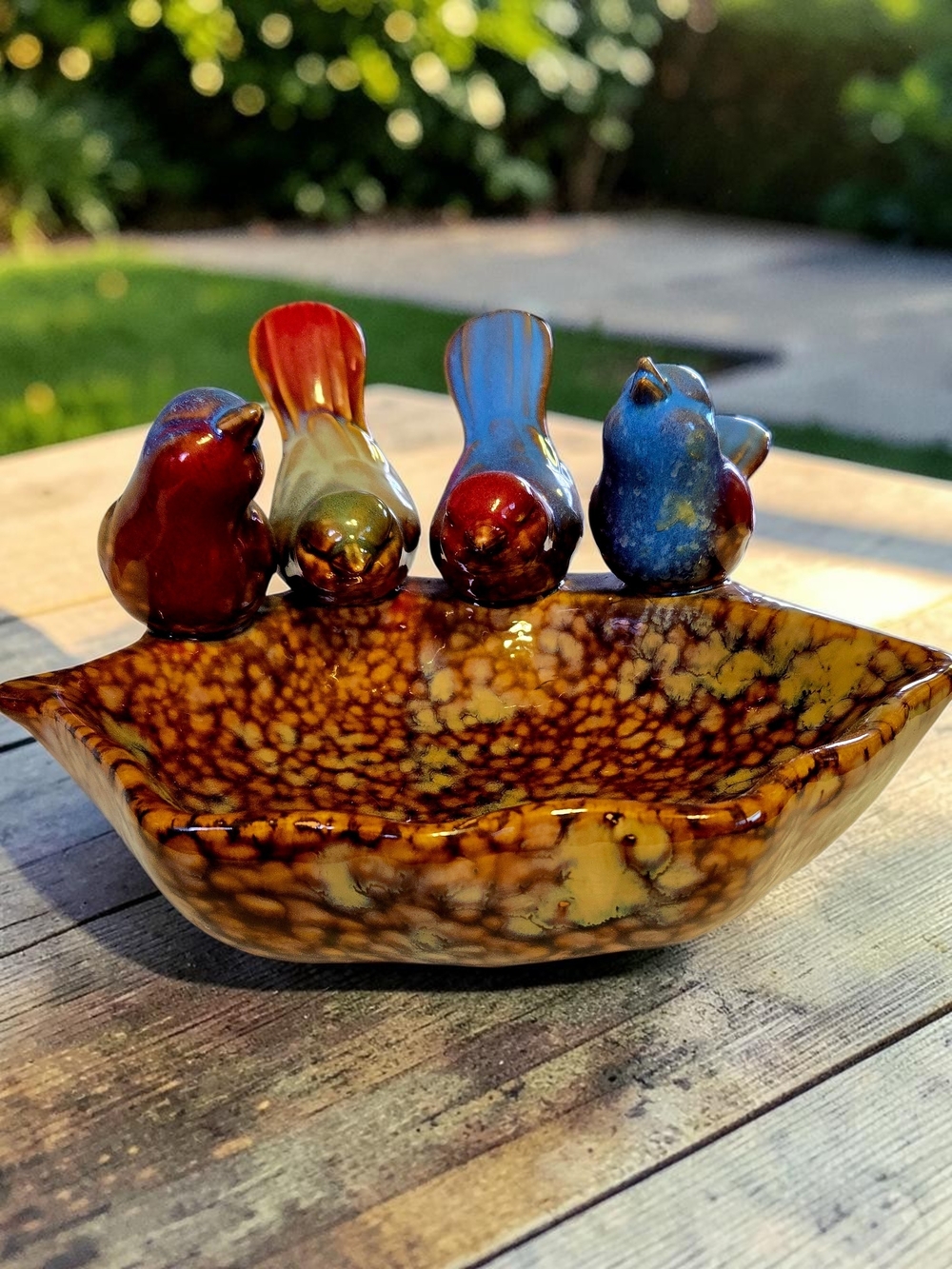 Vintage 4 Pottery Birds Perched On A Bowl Excellent Condition 9x7" Weight 3 LBS